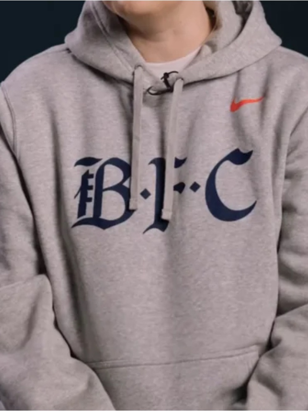 Nike Gray Hoodie with Navy BFC Logo and Orange Swoosh